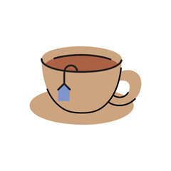 Brown Ceramic Teacup and Saucer with Blue Tea Bag Tag and Amber Beverage on White Background