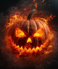 Fototapeta premium Halloween Glowing Jack-o’-Lantern with Fiery Eyes and Flames