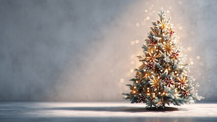 A realistic photo of a glowing Christmas tree with decorations, minimalist and Clean background
