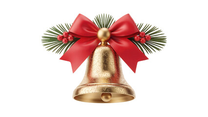 Golden christmas bell adorned with a red satin bow and pine sprigs isolated on transparent background