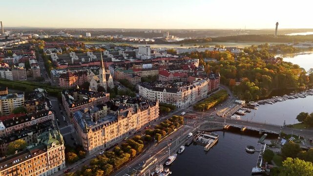 Aerial view of &Ouml;stermalm and of Oscar Church near the Diplomatic area, beautiful autumn colors at dawn