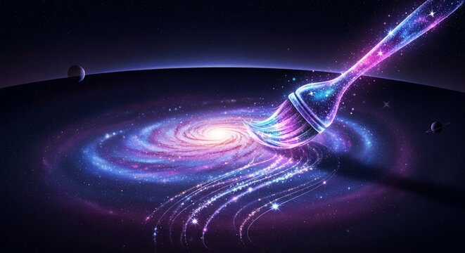 A paintbrush paints a vibrant galaxy in space, creating a cosmic masterpiece with swirling colors and celestial elements, a dreamy art concept