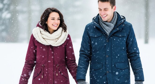 Couple Walking in Snowfall. Cozy Winter Love Scene Background.