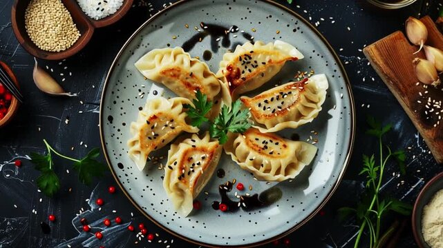 Traditional Asian dumplings Gyozha, top view. Dumplings in a ceramic plate with greens. Tasty and healthy food. Gyozha dumplings close-up