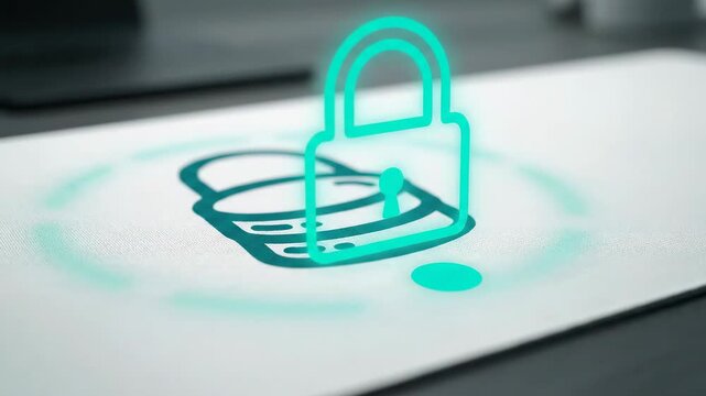 Data Security: Encryption at Rest Icon where a key slides into a disk stack halo; mint light gathers and a check dot holds, delivering a universal lock metaphor for stored data safety.