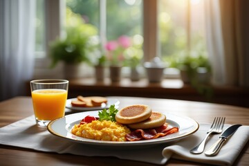 Fresh breakfast on a sunny table with orange juice and pancakes