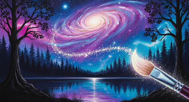A paintbrush paints a vibrant galaxy over a serene lake surrounded by trees, creating a magical and surreal landscape, a dreamy art illustration