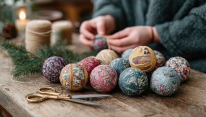Creating beautiful handmade Christmas ornaments with decorative patterns and natural materials during the holiday season