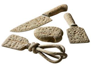 Set of primitive kitchen utensils made of rough-textured stone on a transparent background