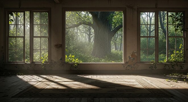 Abandoned room overtaken by nature sunlight streaming through windows