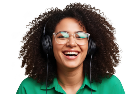 Joyful woman with headphones and glasses laughing wearing a green shirt isolated on transparent background