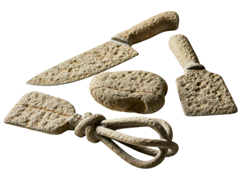 Set of primitive kitchen utensils made of rough-textured stone on a transparent background