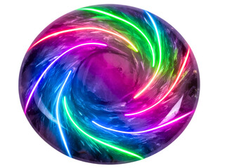 Colorful light trails swirling in a vibrant energy sphere on a transparent background