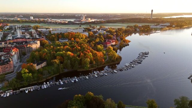 Stockholm, Sweden, &Ouml;stermalm and G&auml;rdet, aerial view, autumn morning with colorful trees and calm sea, boats at dock 