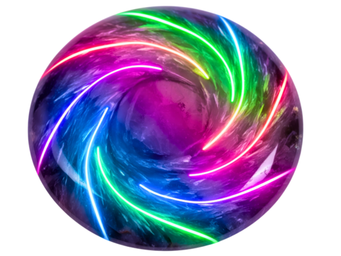 Colorful light trails swirling in a vibrant energy sphere on a transparent background