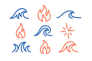 Obraz premium Minimalist line icons depicting ocean waves, fire flames, and sun sparkles
