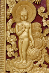 Wat Manorom Buddhist temple. Life of Buddha.  Siddhartha was born in Lumbini to Queen Maya and King Suddhodana.  Luang Prabang. Laos.