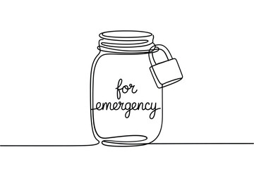 Continuous line drawing of a locked jar labeled for emergency savings