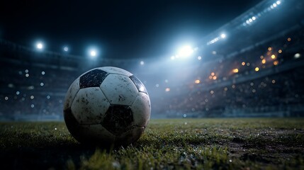 Naklejka premium A Close Up Soccer Ball On A Dark Football Stadium Field