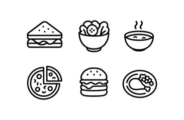 Minimalist food icons set featuring sandwich, salad, soup, pizza, burger, and chicken