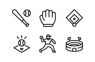 Fototapeta premium Minimalist baseball icons: glove, bat, ball, field, pitcher, stadium