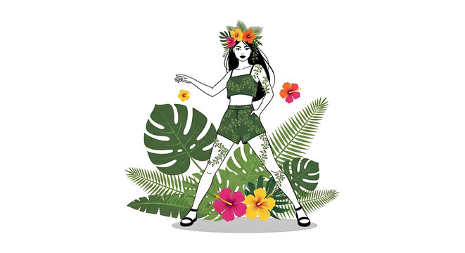 Woman in Tropical Attire with Lush Greenery and Flowers