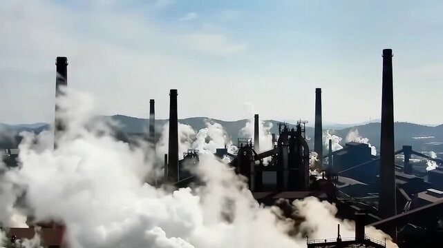 Vast industrial plant with towering smokestacks actively releasing copious white smoke and steam illustrating significant air pollution and environmental impact