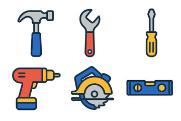 Fototapeta premium Collection of essential hand and power tools including hammer, wrench, screwdriver, drill, saw, and level