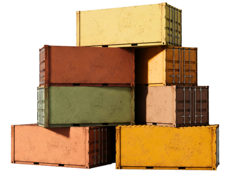 Stacked of old colorful industrial shipping containers on a transparent background