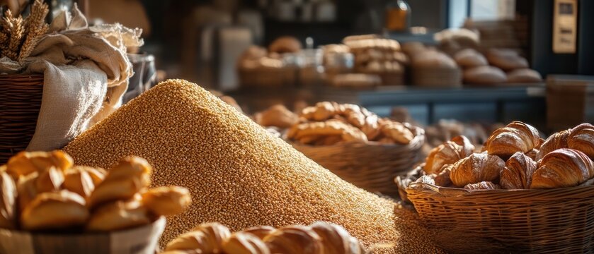 Variety of baked goods and grains displayed in a bakery
