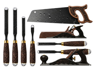 Set of vintage woodworking hand tools with ornate carved handles on a transparent background