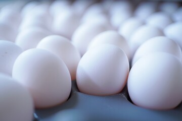 Fresh white eggs in a carton with soft natural lighting