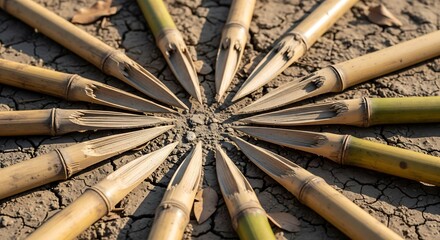 Dusty ground with bamboo spear tips arranged in a circle, a symbol of unity and resistance