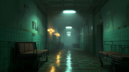 A dimly lit hospital corridor evokes a chilling atmosphere, with empty gurneys lined against peeling green walls. Fluorescent lights flicker ominously, casting eerie shadows over the unsettling scene.