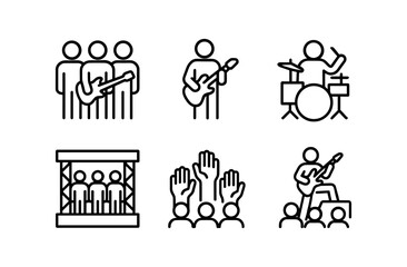 Linear icons of live music performance with band and audience