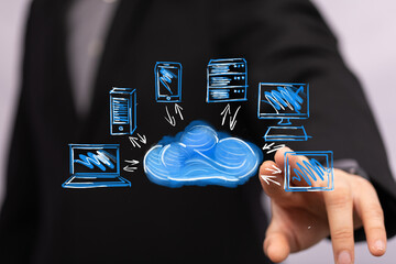 Seamless data flow.  Cloud storage, network security, digital technology.