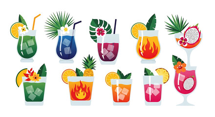 Collection of exotic tropical cocktails and summer drinks