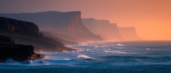 Coastal silhouette cliffs and sea waves glowing sunset horizon creating dreamy mood