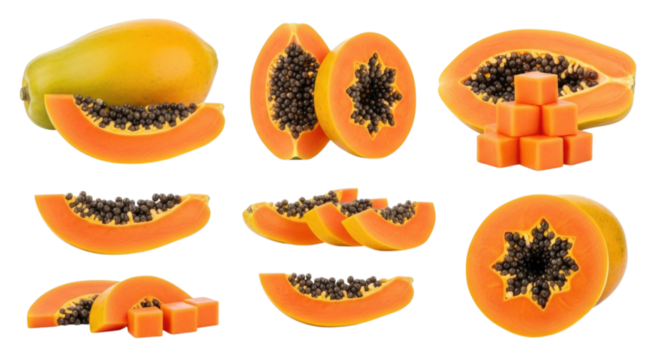 Papaya slices and cubes showcasing vibrant orange flesh and black seeds on transparent background, cutout PNG