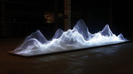 Frequency graph transforms into shimmering mountain of light with shifting peaks in a dimly lit warehouse setting