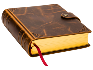 Vintage leather book with gilt edges and a red bookmark ribbon on a transparent background
