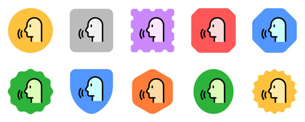 Vector person speaking, speech recognition, voice activation icon. Black, white background. Perfect for app and web interfaces, infographics, presentations, marketing, etc.