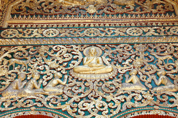 Haw Phra Bang.Mural depicting the life of Buddha. Luang Prabang. Laos.