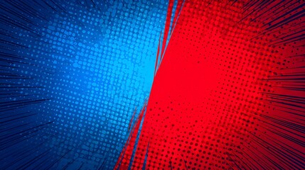 A dynamic split background features vibrant blue on the left and bold red on the right, each filled with radiating