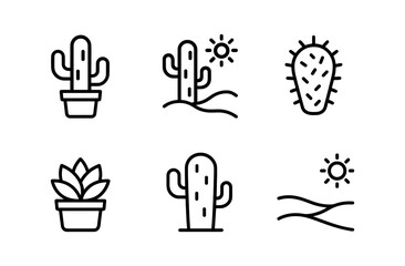 Minimalist set of cacti and succulents with sun in outline style