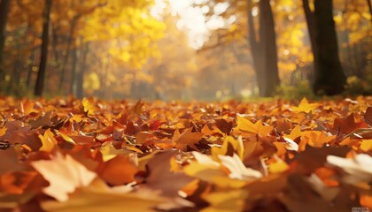 The image shows a ground covered with fallen autumn leaves, with blurred trees in the background, showcasing a sunny autumn scene.