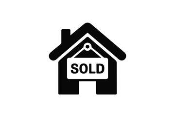 Black silhouette of a house with a white sold sign hanging on the front
