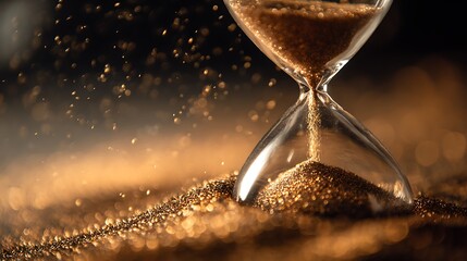 Golden sand flowing through an hourglass with shimmering particles