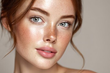 Close-up portrait of young caucasian female with freckles and red hair