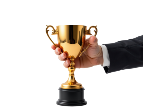 Celebrating Achievement A Hand Holding a Golden Trophy Business Event Studio Environment Close-Up View